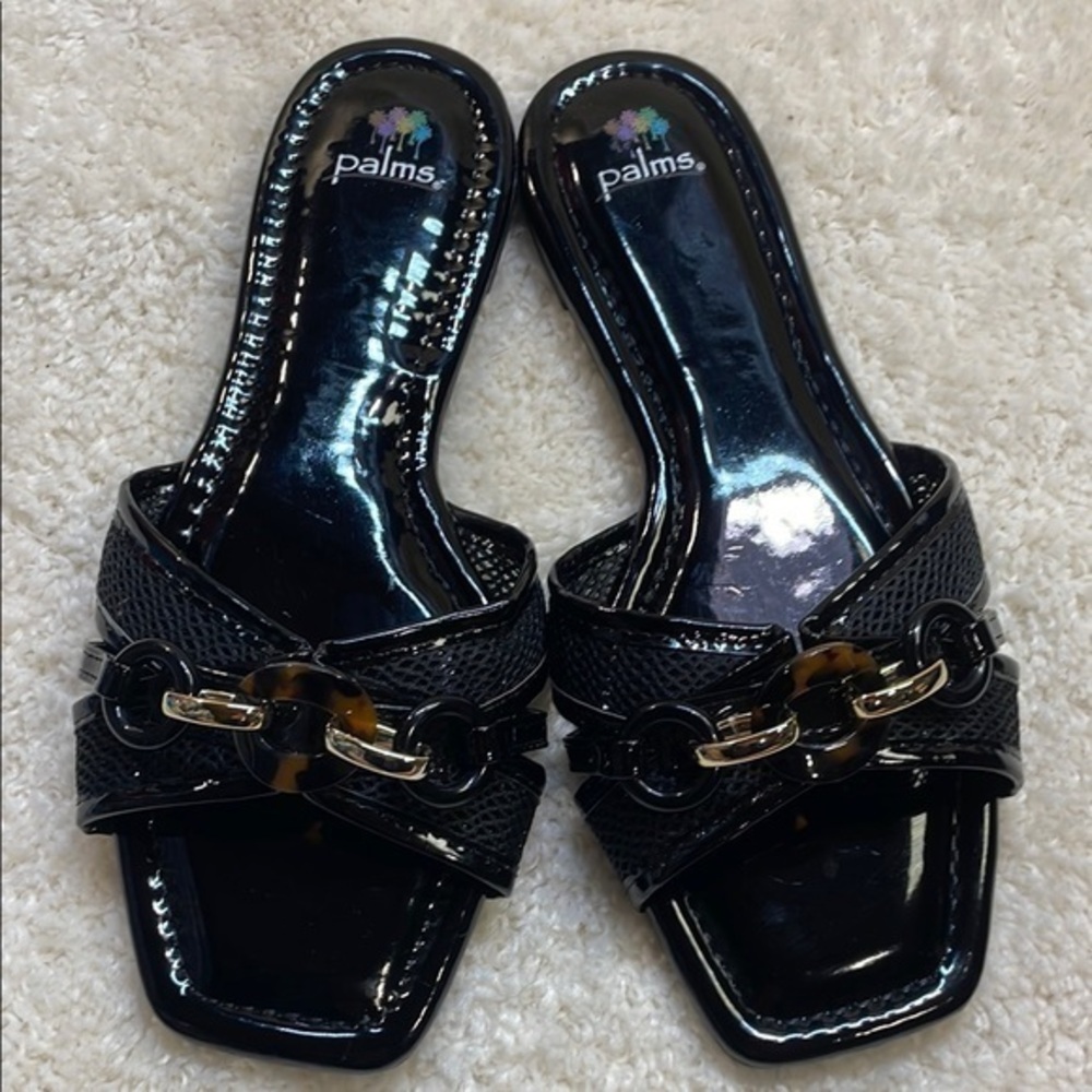 Palms Black Mesh Strap Sandal Square Toe Tortoise Chain Detail Women’s Sz 9